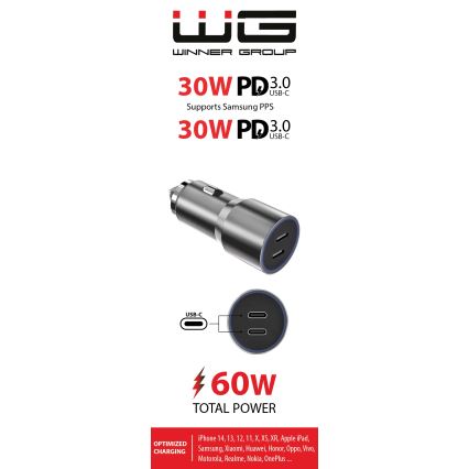 Winner Group - Autolaadija 2xUSB-C Power Delivery 60W hõbedane