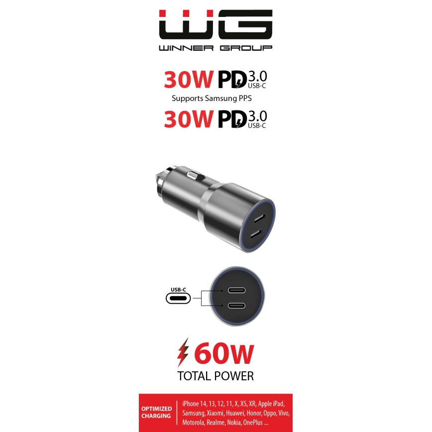 Winner Group - Autolaadija 2xUSB-C Power Delivery 60W hõbedane