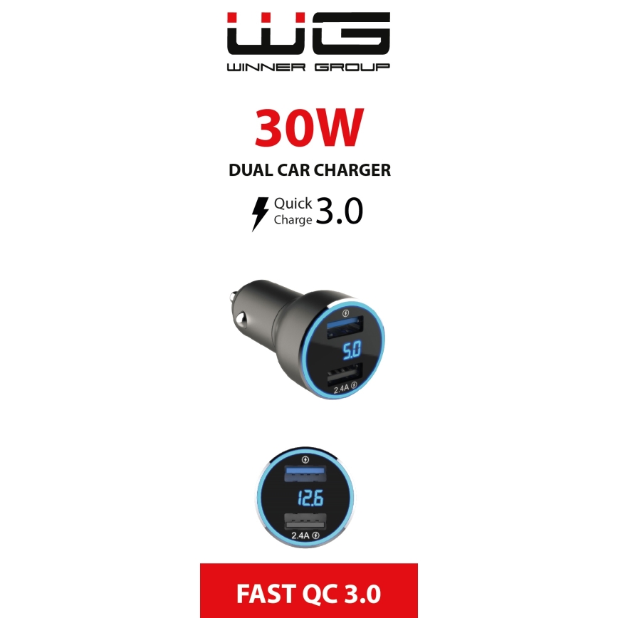 Winner Group - Autolaadija koos ekraan 2xUSB-A Power Delivery 30W must