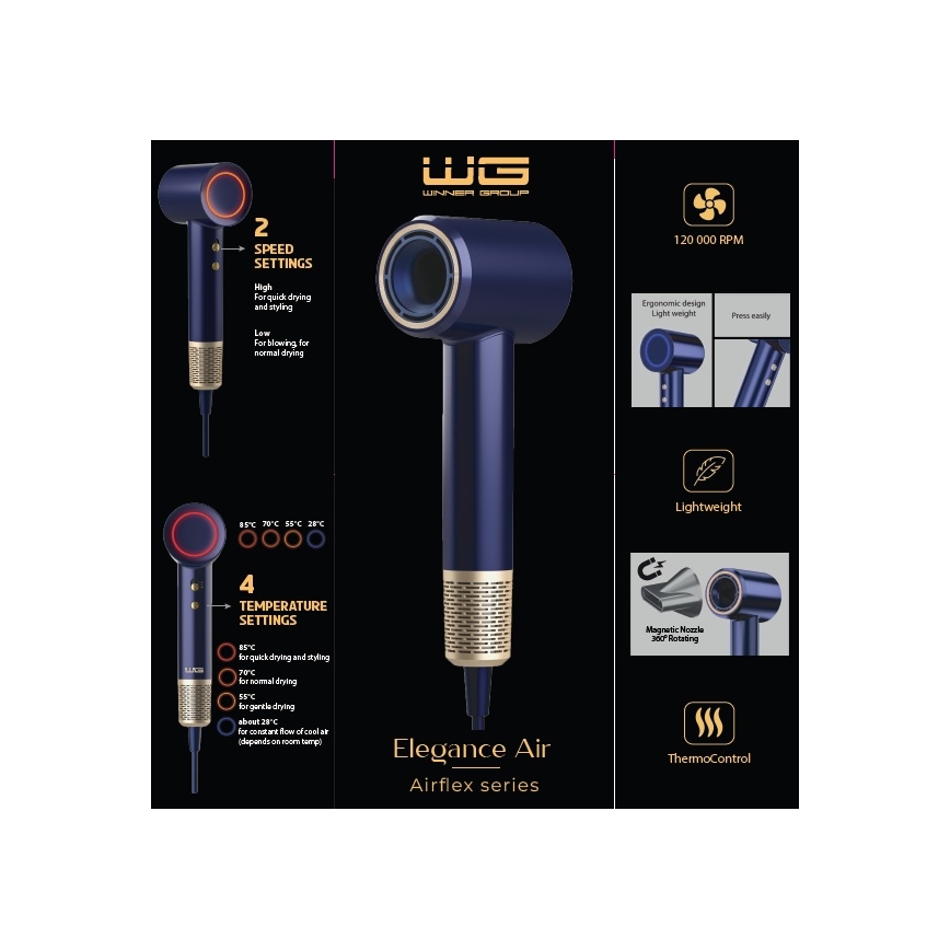 Winner Group - Föön ioniseerijaga Elegance Air 1600W/230V sinine SCHUKO