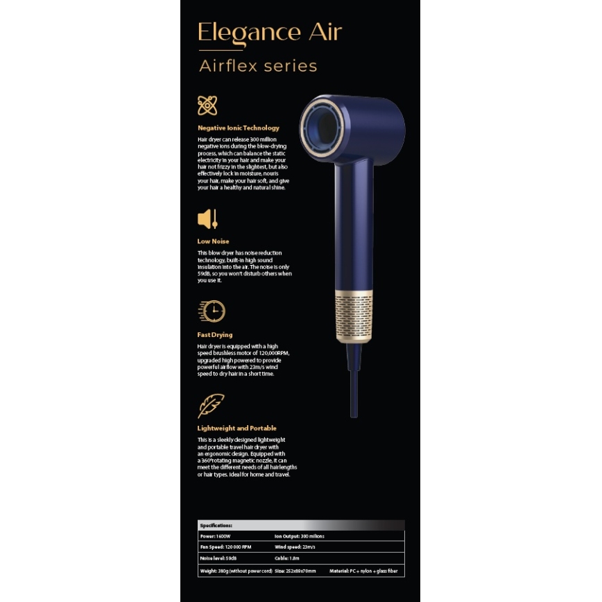 Winner Group - Föön ioniseerijaga Elegance Air 1600W/230V sinine SCHUKO