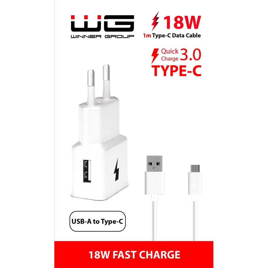 Winner Group- Kiirlaadmisadapter 1xUSB-A PD 18W + USB kaabel USB-C / USB-A 1m