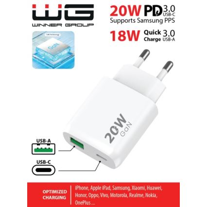 Winner Group - Kiirlaadmisadapter 1xUSB-C + 1xUSB-A Power Delivery 20W valge