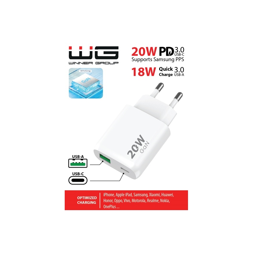 Winner Group - Kiirlaadmisadapter 1xUSB-C + 1xUSB-A Power Delivery 20W valge