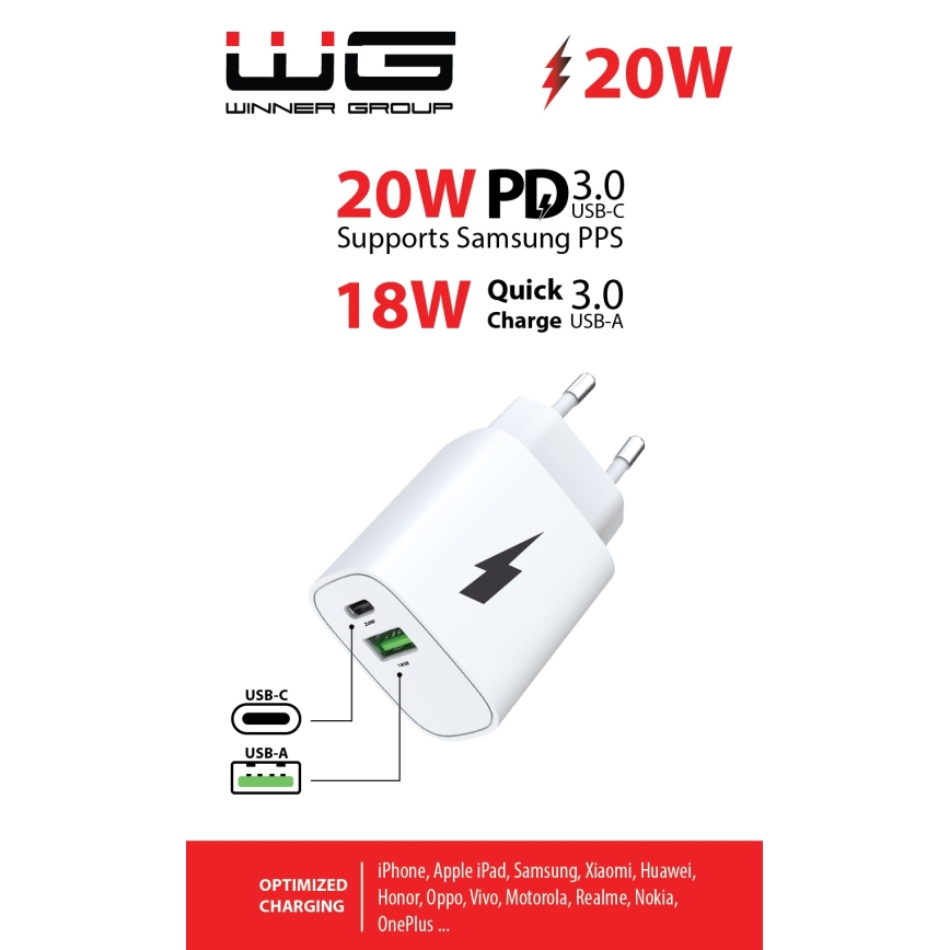 Winner Group - Kiirlaadmisadapter 1xUSB-C + 1xUSB-A Power Delivery 20W valge