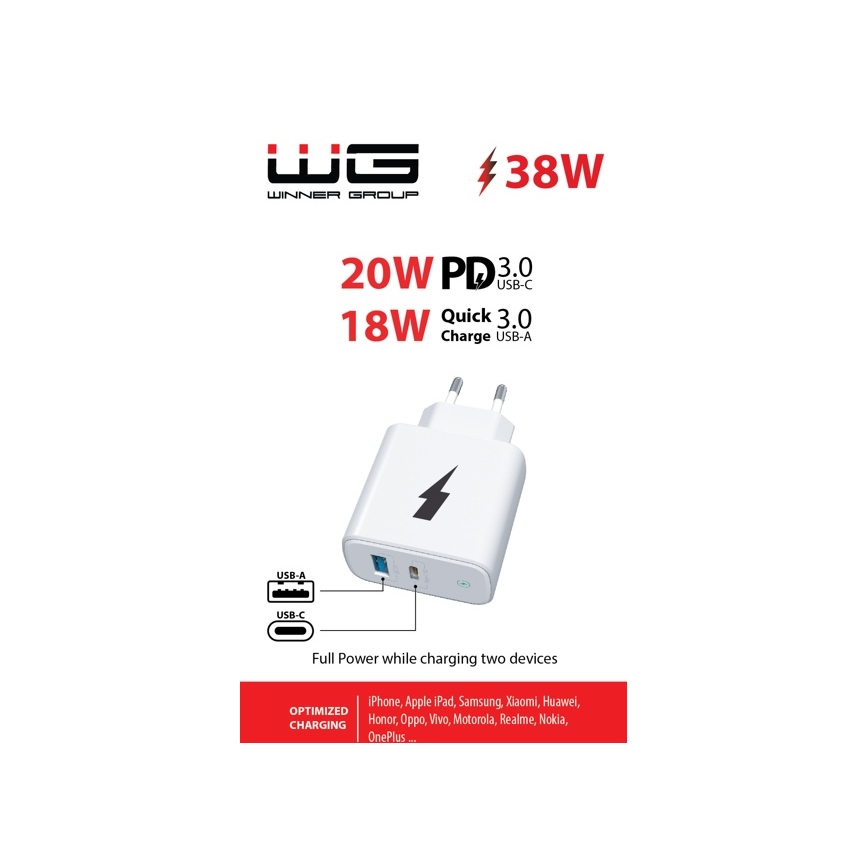 Winner Group - Kiirlaadmisadapter 1xUSB-C + 1xUSB-A Power Delivery 38W valge
