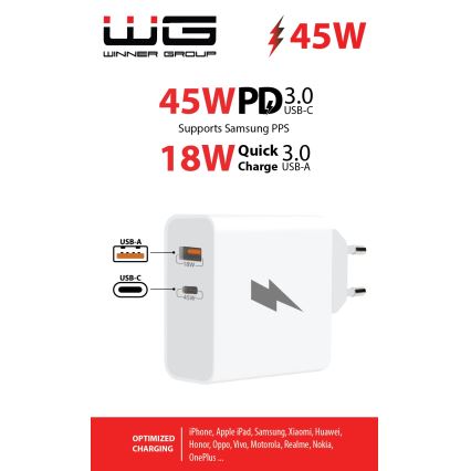 Winner Group - Kiirlaadmisadapter 1xUSB-C + 1xUSB-A Power Delivery 45W valge