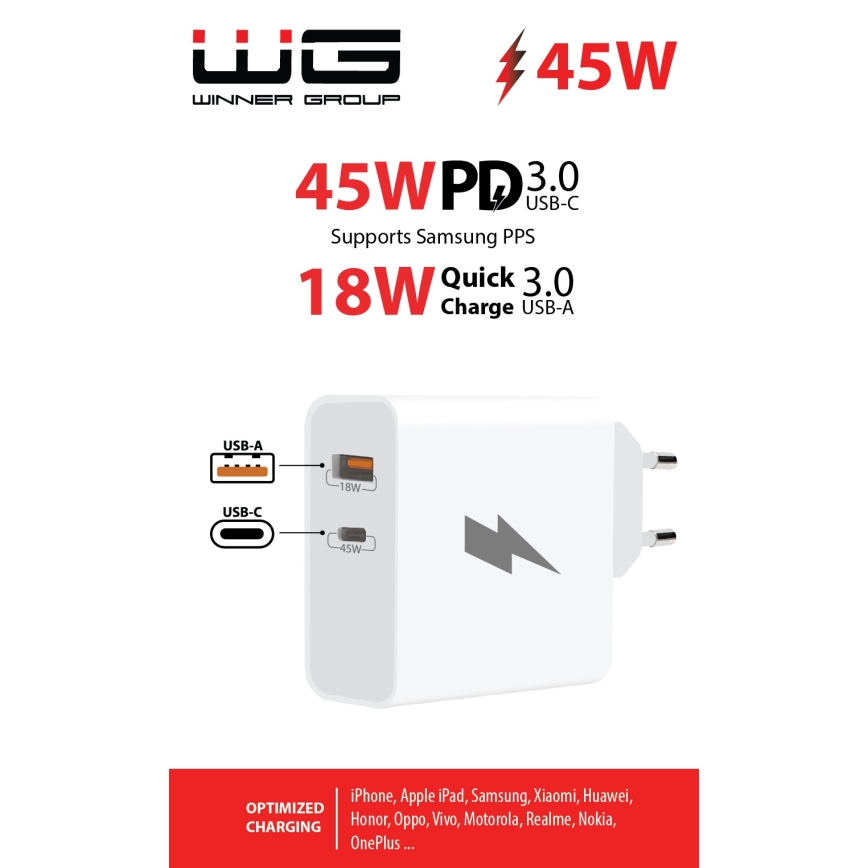 Winner Group - Kiirlaadmisadapter 1xUSB-C + 1xUSB-A Power Delivery 45W valge