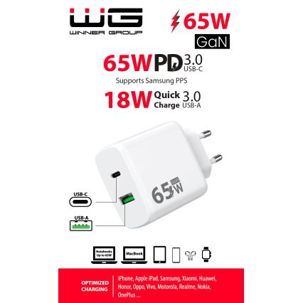 Winner Group - Kiirlaadmisadapter 1xUSB-C + 1xUSB-A Power Delivery 65W valge