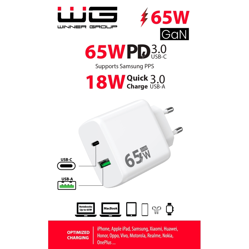 Winner Group - Kiirlaadmisadapter 1xUSB-C + 1xUSB-A Power Delivery 65W valge