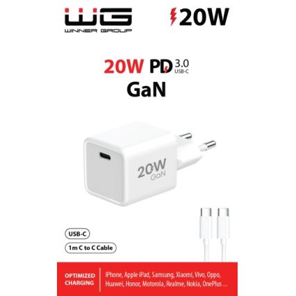 Winner Group- Kiirlaadmisadapter 1xUSB-C PD 20W + USB kaabel USB-C / USB-C 1m