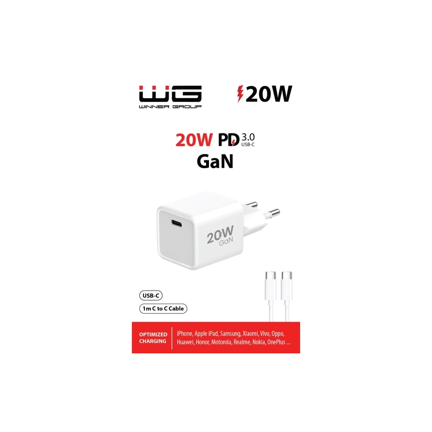 Winner Group- Kiirlaadmisadapter 1xUSB-C PD 20W + USB kaabel USB-C / USB-C 1m