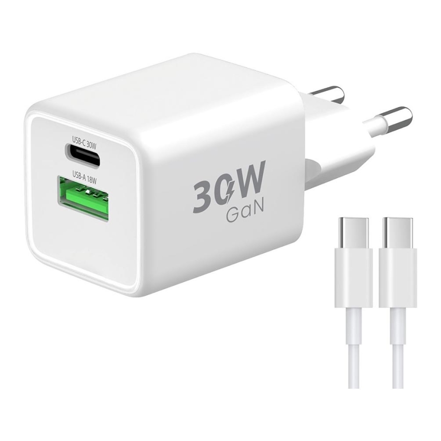 Winner Group - Kiirlaadmisadapter 2xUSB PD 30W + USB kaabel USB-C / USB-C 1m