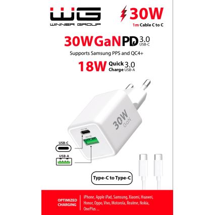 Winner Group - Kiirlaadmisadapter 2xUSB PD 30W + USB kaabel USB-C / USB-C 1m