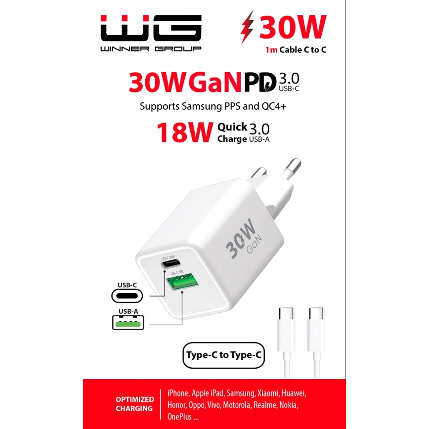Winner Group - Kiirlaadmisadapter 2xUSB PD 30W + USB kaabel USB-C / USB-C 1m