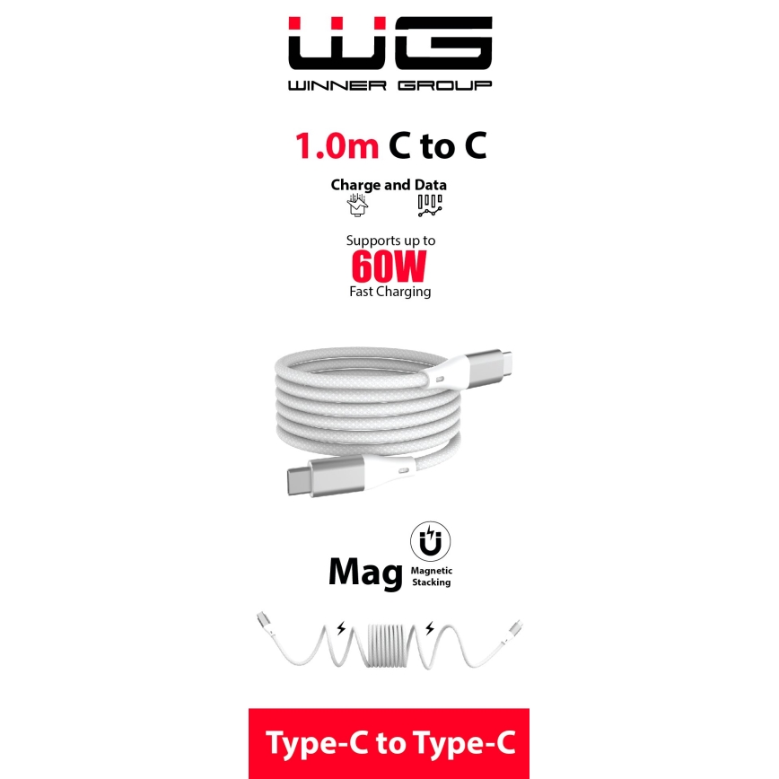 Winner Group - Magneetiline USB kaabel USB-C / USB-C 60W 1m valge