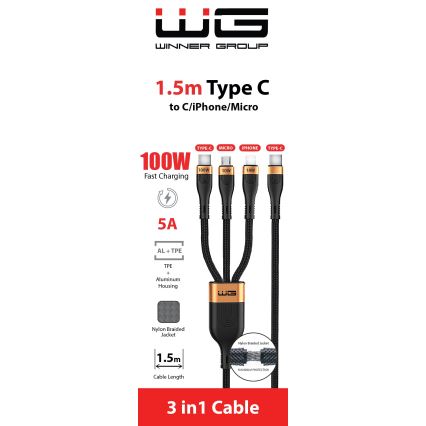 Winner Group -USB kaabel 3-ühes USB-C / Lightning, USB-C ja Micro USB 100W 1,5m must