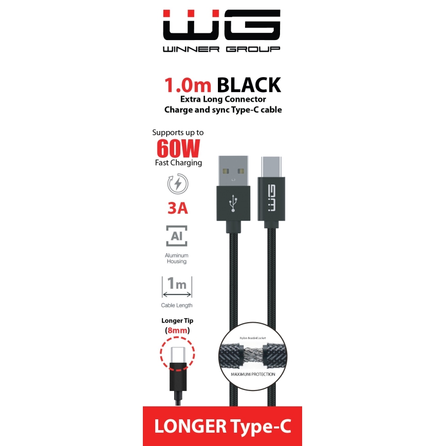 Winner Group - USB kaabel pikendatud ühendusega USB-C / USB-A 1m must
