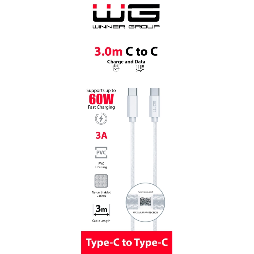 Winner Group - USB kaabel USB-C / USB-C 60W 3m valge