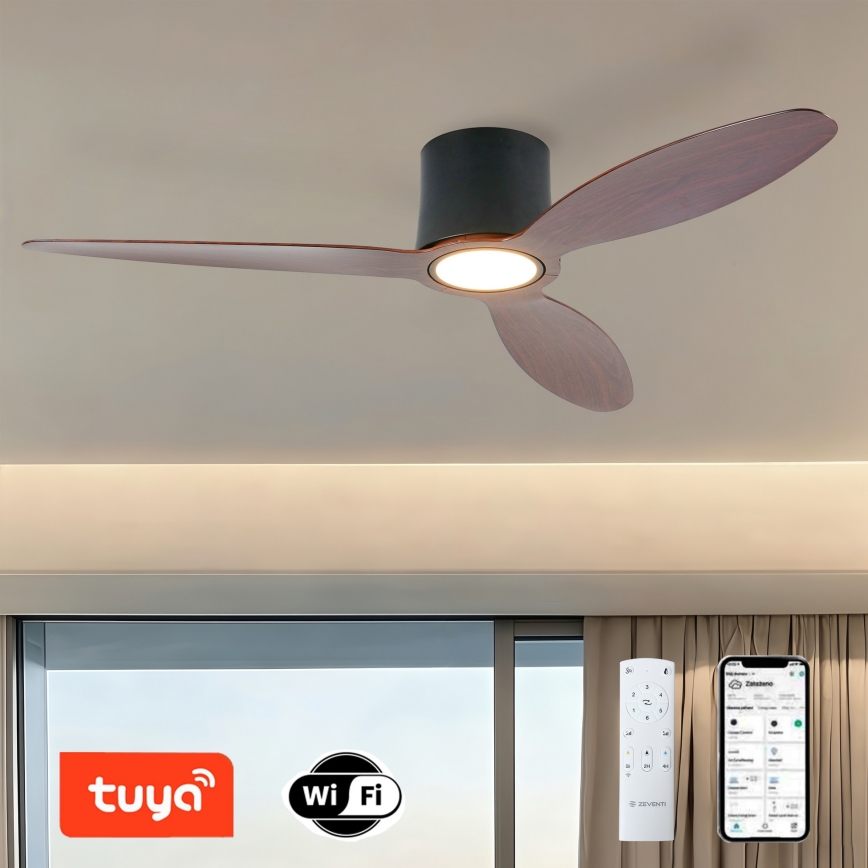 ZEVENTI - LED hämardatav laeventilaator VENTORA LED/24W/230V 3000/4000/6000K Wi-Fi Tuya must/pähkel + kaugjuhtimispult