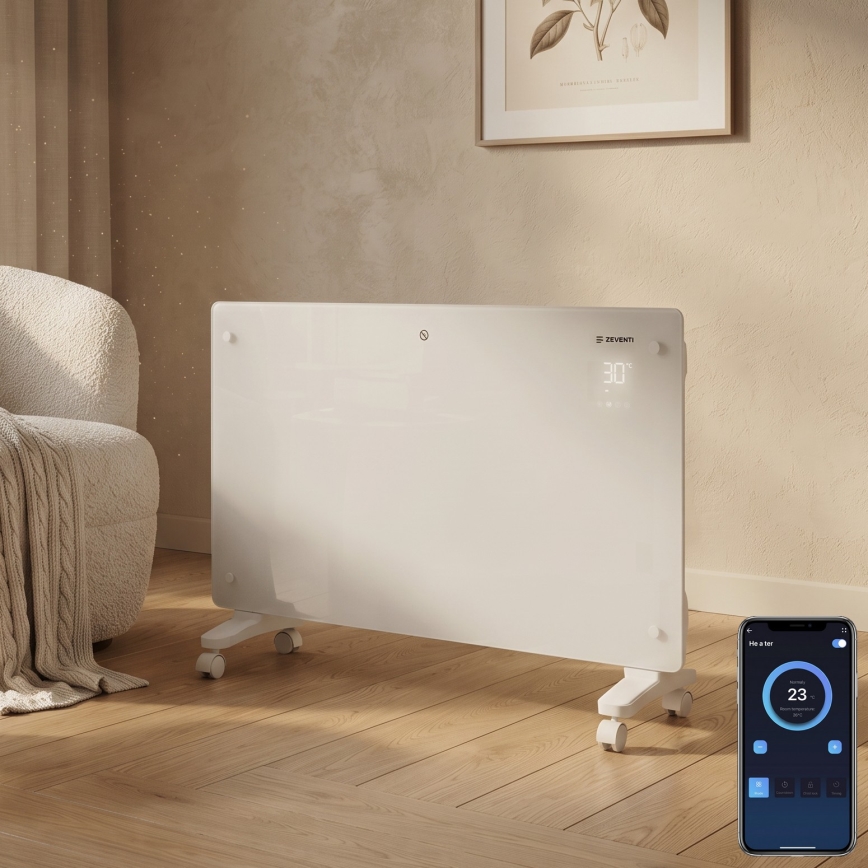 ZEVENTI - Nutikas seinale paigaldatav elektriline otseküte/konvektor LCD-ekraaniga 1000/2000W/230V Wi-Fi valge