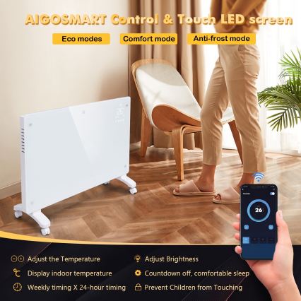 ZEVENTI - Nutikas seinale paigaldatav elektriline otseküte/konvektor LCD-ekraaniga 1000/2000W/230V Wi-Fi valge