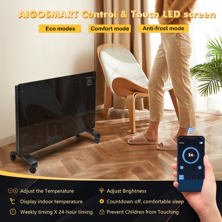 ZEVENTI - Nutikas seinale paigaldatav elektriline otseküte/konvektor koos LCD-ekraaniga 1000/2000W/230V Wi-Fi must