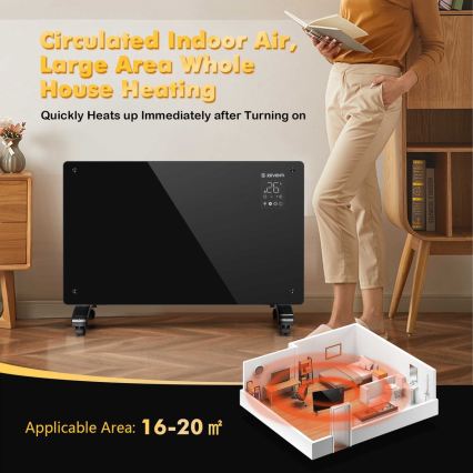 ZEVENTI - Nutikas seinale paigaldatav elektriline otseküte/konvektor koos LCD-ekraaniga 1000/2000W/230V Wi-Fi must