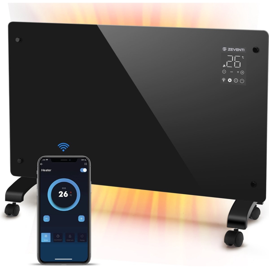 ZEVENTI - Nutikas seinale paigaldatav elektriline otseküte/konvektor koos LCD-ekraaniga 1000/2000W/230V Wi-Fi must