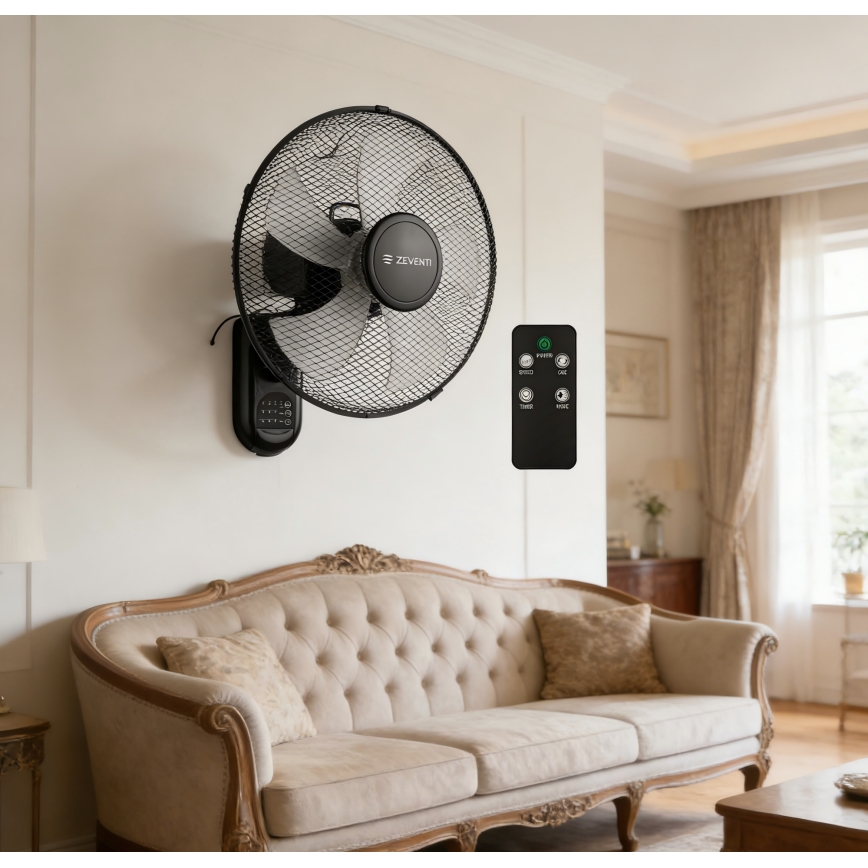 ZEVENTI - seinale paigaldatav ventilaator FANNY 45W/230V Ø 41 cm must + kaugjuhtimispuldiga